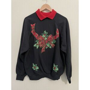 Vintage Christmas 90's Sweatshirt Size XL Black Red Collar Ugly Grandma Sweater